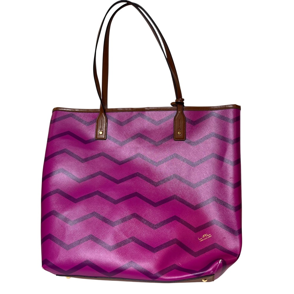Lauren Ralph Lauren Purple Chevron Tote Bag Brown Straps Gold Hardware Large